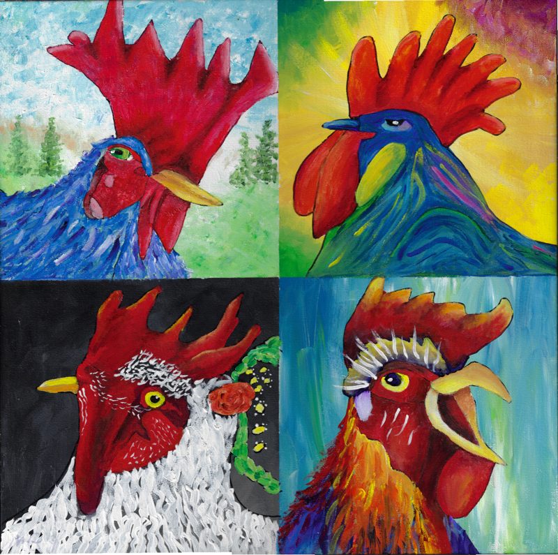 Roosters on the Barn